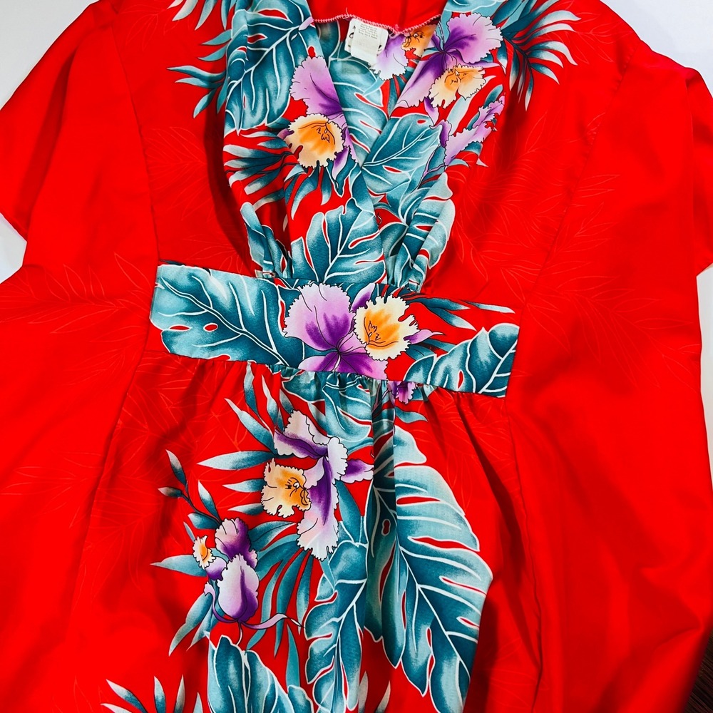 Vintage Hawaiian Dress One Size Red Floral Ti'a Made in Hawaii Maxi - Picture 4 of 8